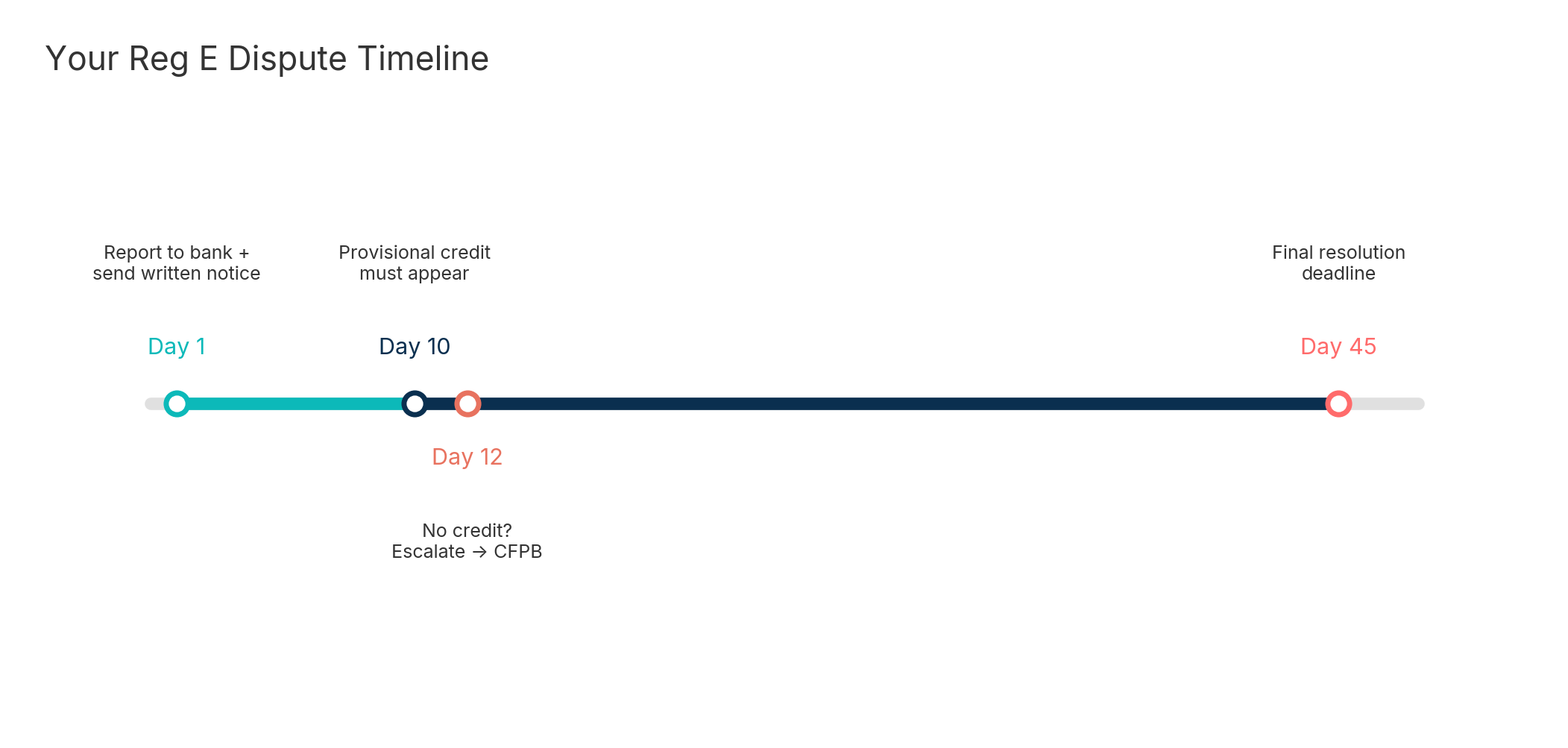 Regulation E investigation timeline showing key deadlines from Day 1 through Day 45