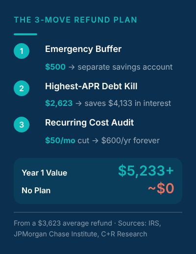 Three-move refund framework showing the complete allocation plan and total year-one value